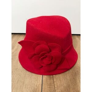 Setmar New York Red Wool Cloche Hat with Flower Accent church derby hat feminine